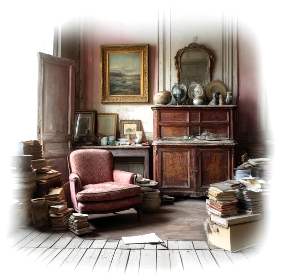 Intérieur ancien avec meubles en bois, fauteuil ancien, piles de livres et objets d’antiquités avant débarras et estimation.