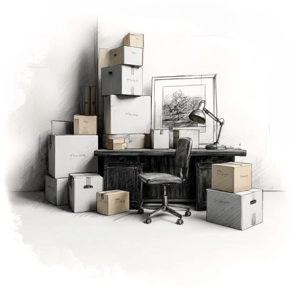 Mobilier de bureau d’entreprise avec cartons d’archives et poste de travail avant débarras professionnel